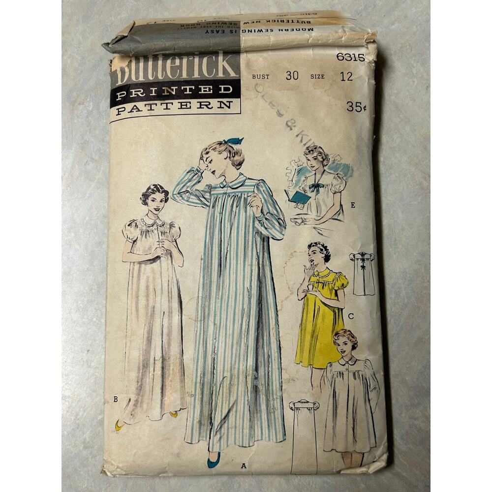 Vintage 50's Butterick Pattern #6315 Misses Nightgown Shorty Hospital Gown Sz 12